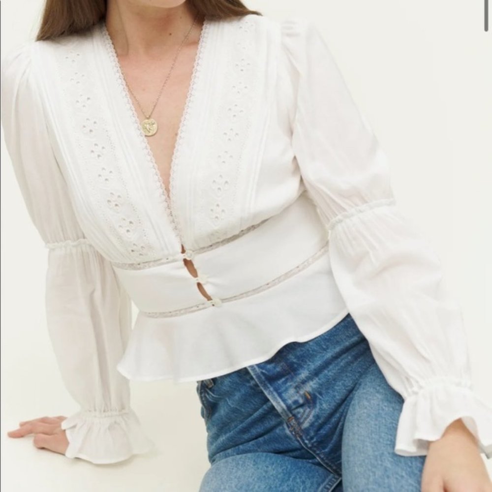 Reformation White Eyelet Lace Peplum Blouse